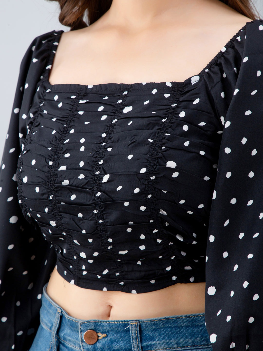 Casual Puff Sleeves Printed Women Black Top