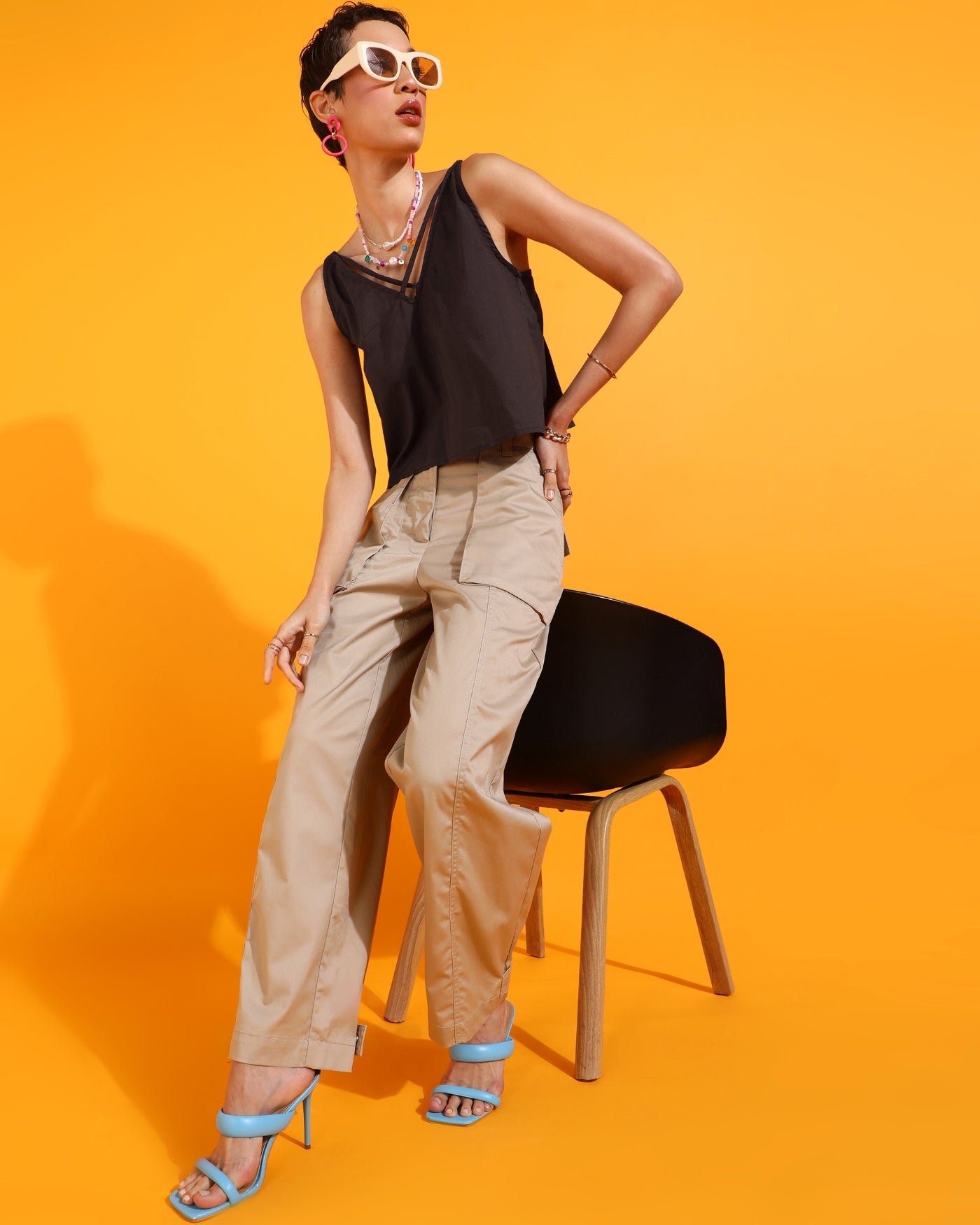 Casual Shoulder Straps Solid Women Brown Top
