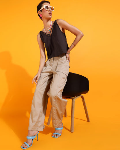 Casual Shoulder Straps Solid Women Brown Top