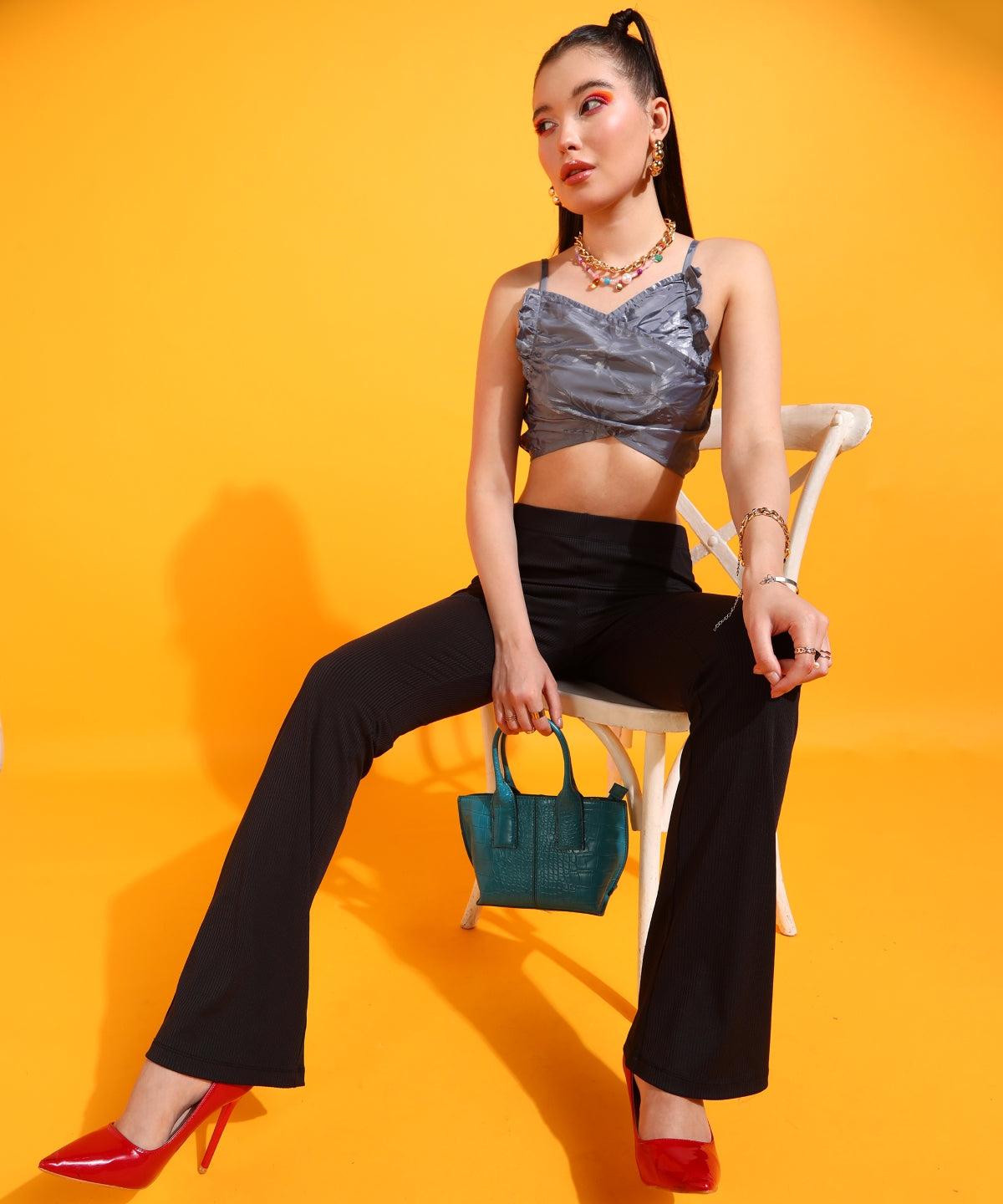 Casual Noodle Straps Self Design Women Grey Top