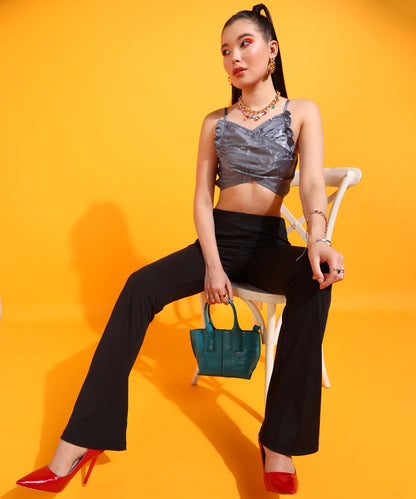 Casual Noodle Straps Self Design Women Grey Top