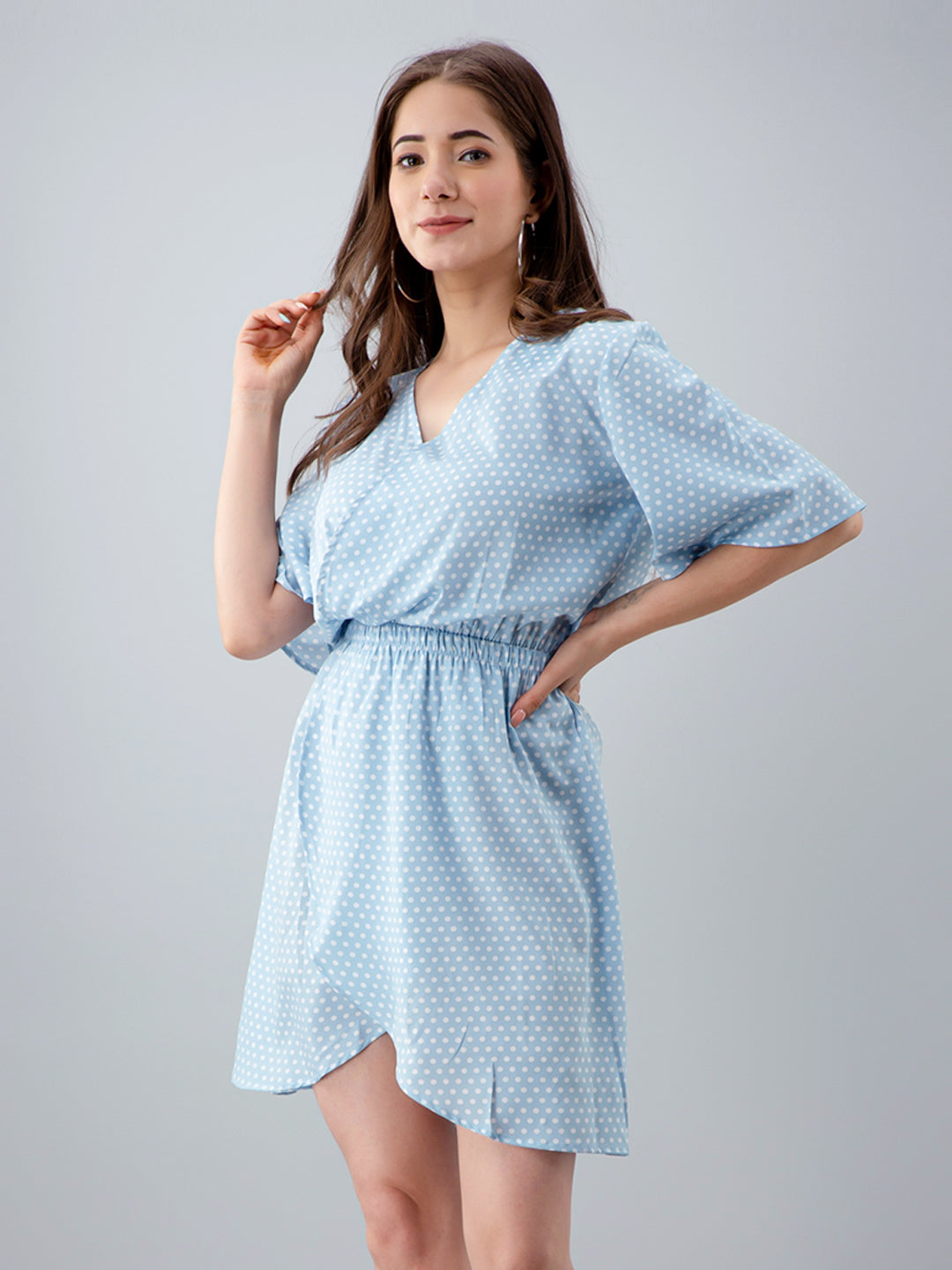 Women Tiered Light Blue Above Knee/Mid Thigh Length Dress