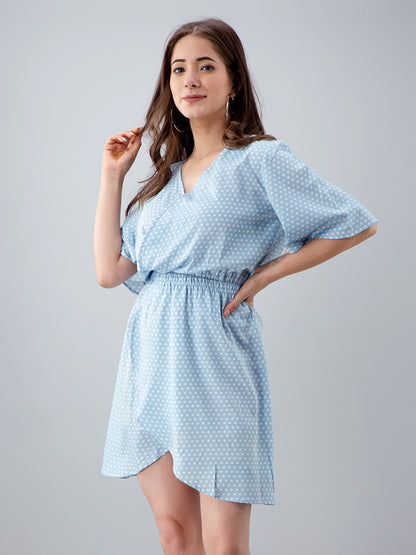 Women Tiered Light Blue Above Knee/Mid Thigh Length Dress