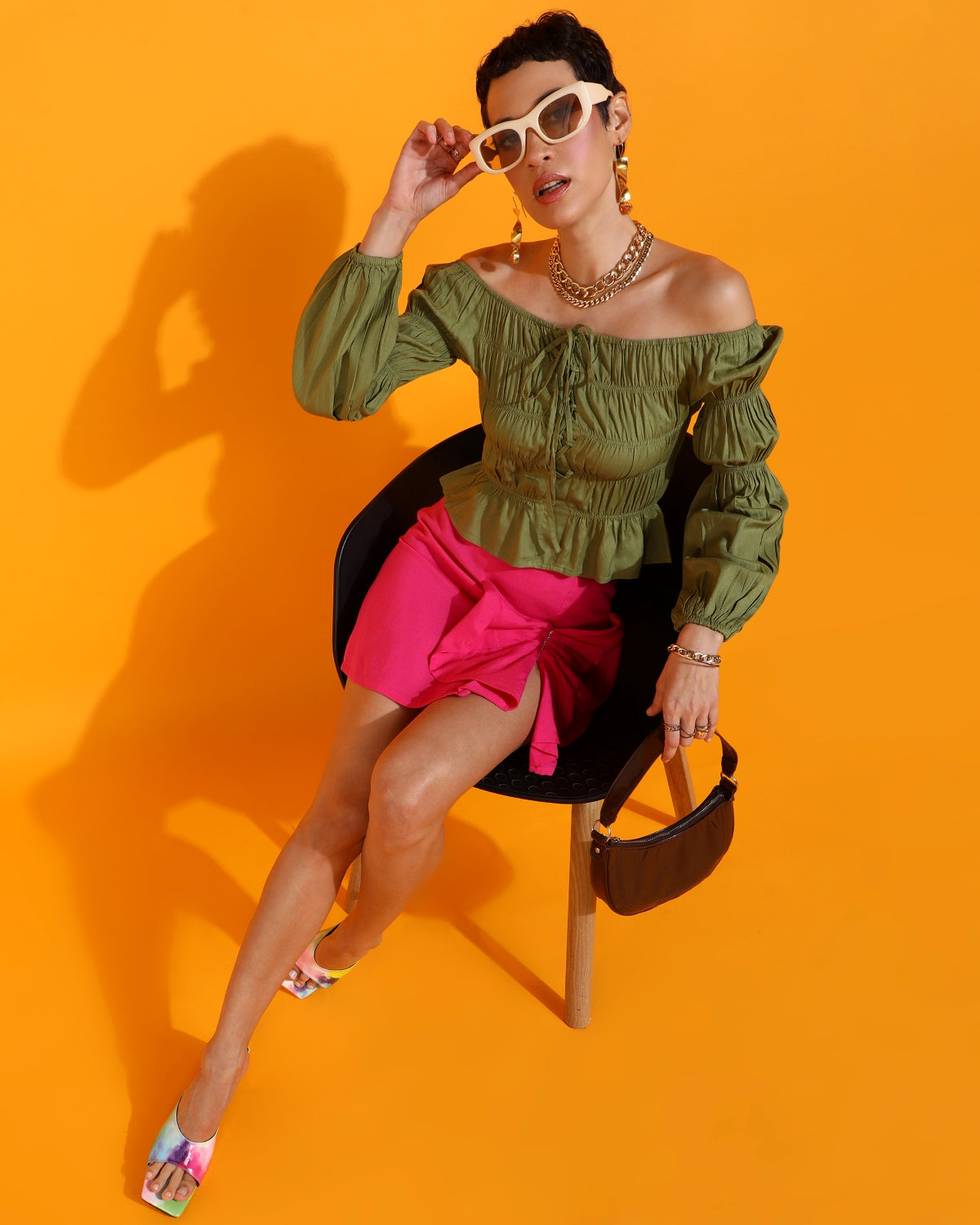 Casual Puff Sleeves Solid Women Dark Green Top