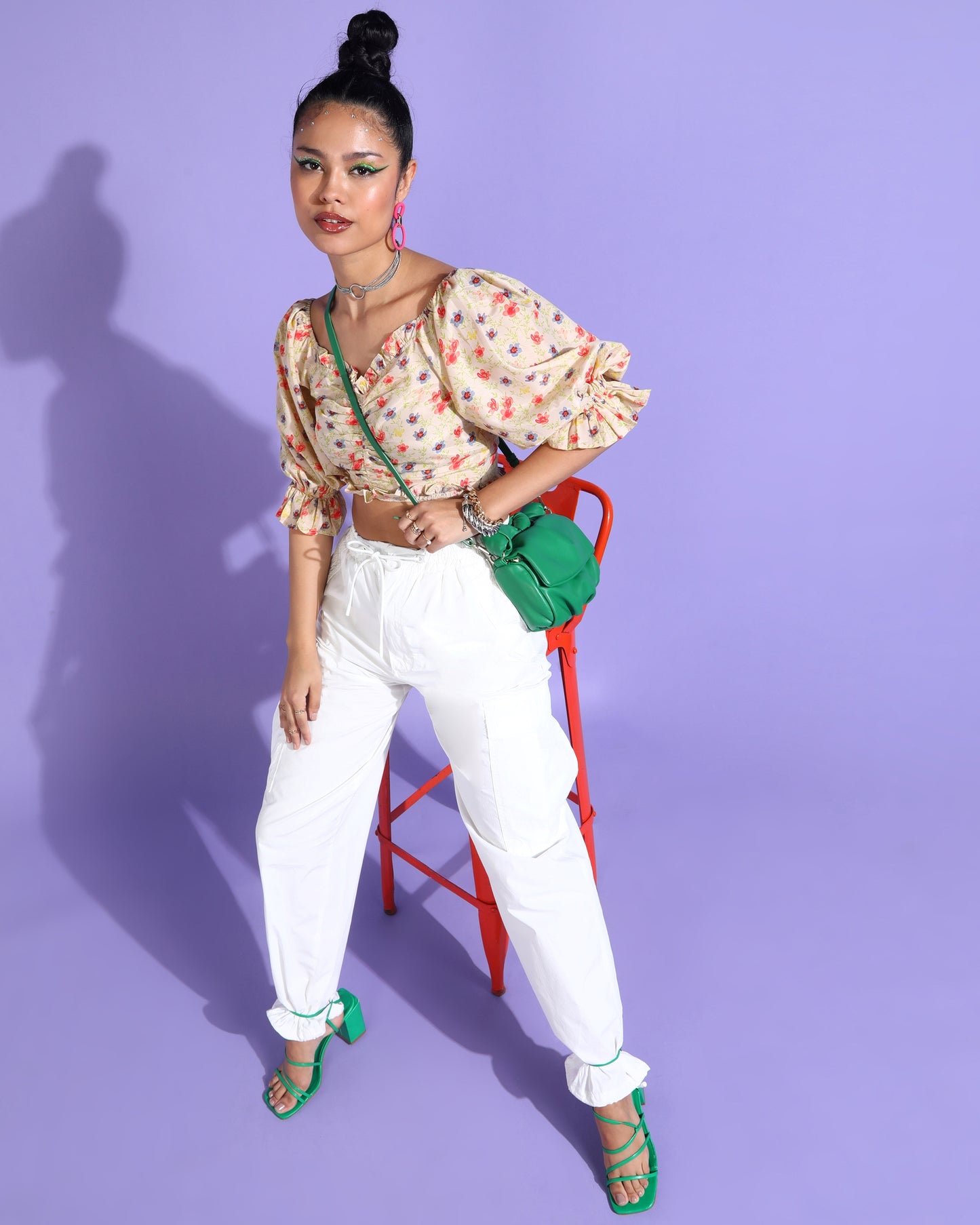 Casual Puff Sleeves Floral Print, Printed Women Multicolor Top