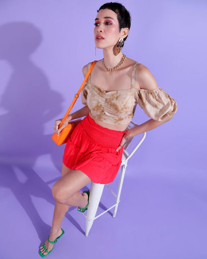 Casual Off Shoulder Sleeve Tie & Dye Women Beige Top