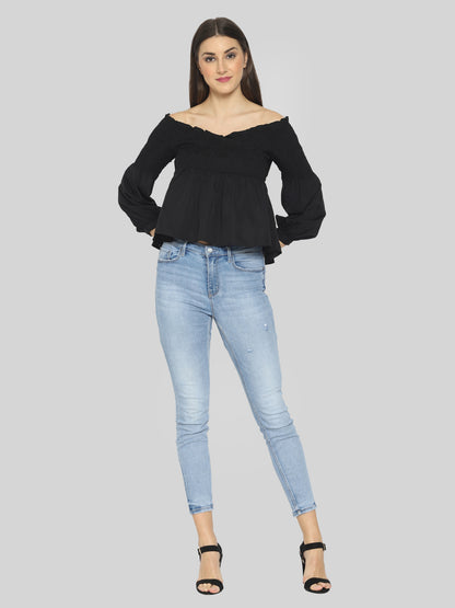 Casual Balloon Sleeve Solid Women Black Top