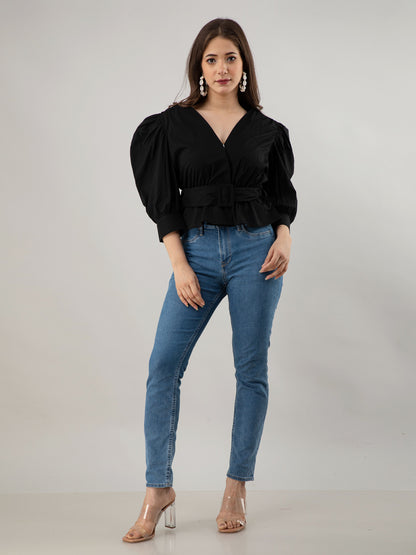 Casual Puff Sleeves Solid Women Black Top