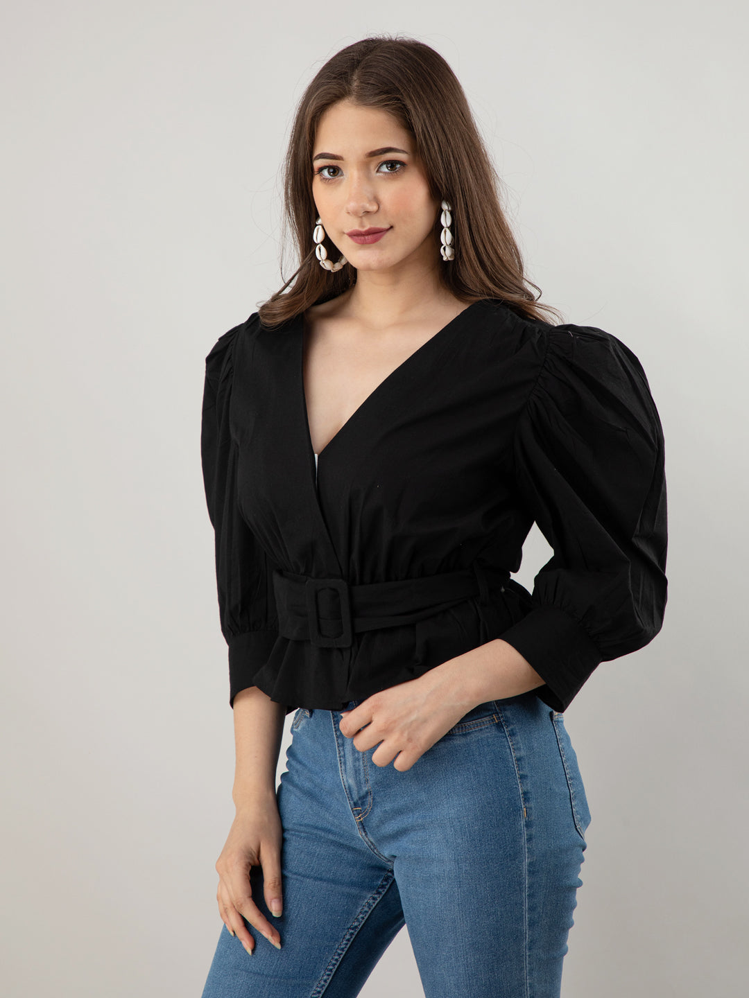 Casual Puff Sleeves Solid Women Black Top