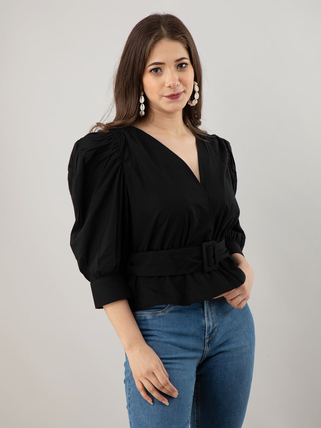 Casual Puff Sleeves Solid Women Black Top