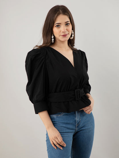 Casual Puff Sleeves Solid Women Black Top