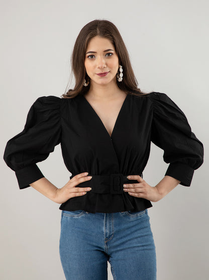 Casual Puff Sleeves Solid Women Black Top