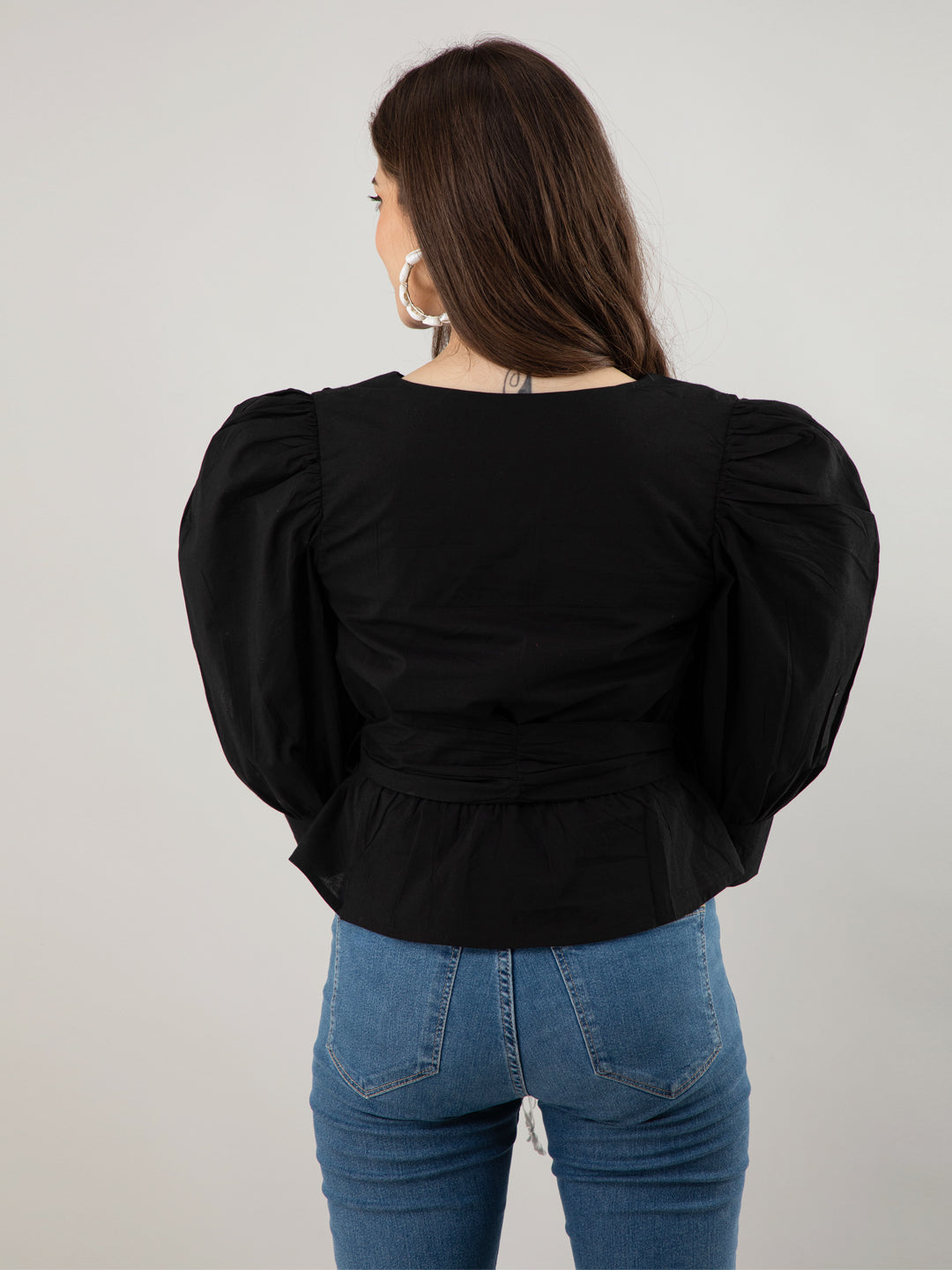 Casual Puff Sleeves Solid Women Black Top