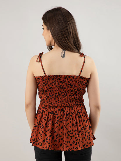 Casual Sleeveless Printed Women Brown Top