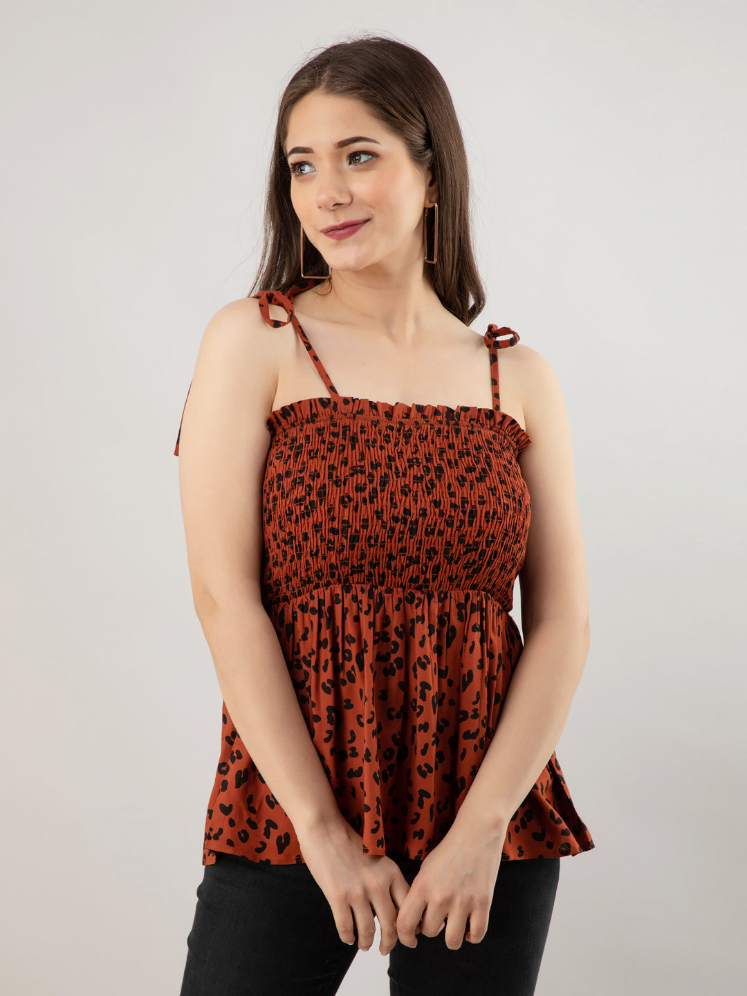 Casual Sleeveless Printed Women Brown Top