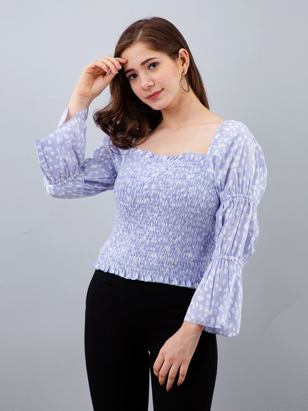 Casual Bell Sleeves Printed Women Light Blue Top