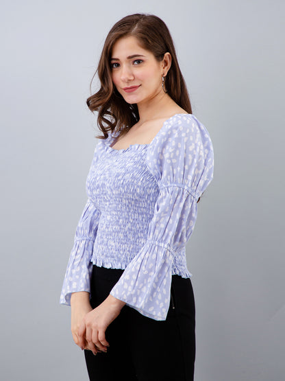 Casual Bell Sleeves Printed Women Light Blue Top