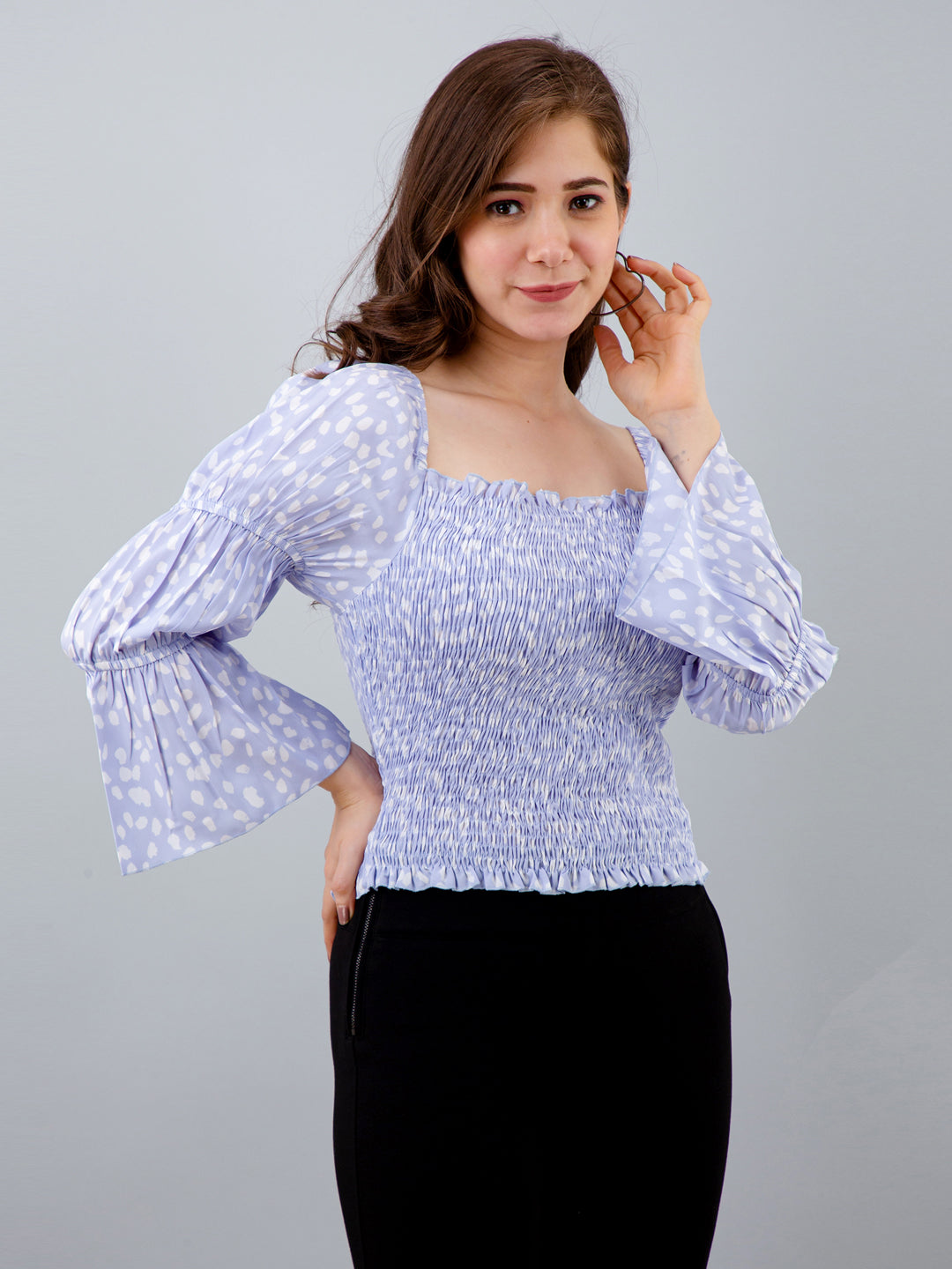 Casual Bell Sleeves Printed Women Light Blue Top