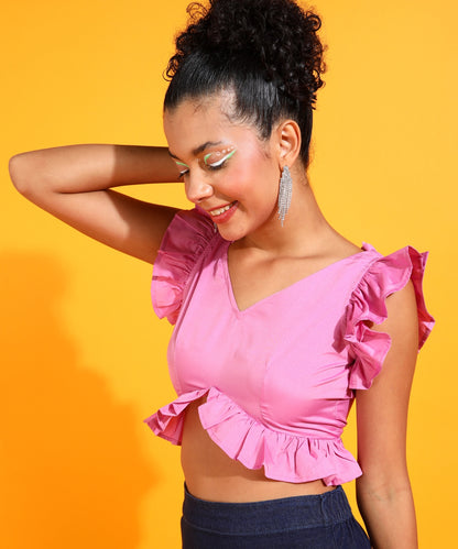 Casual Ruffled Sleeves Solid Women Pink Top