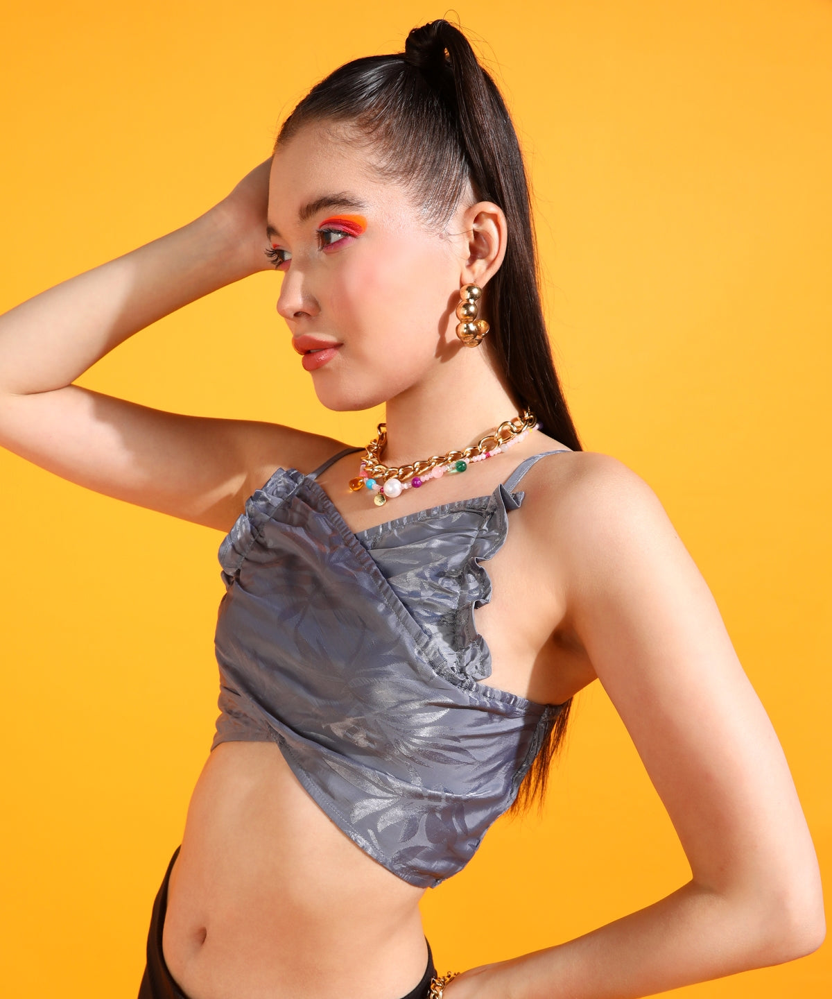 Casual Noodle Straps Self Design Women Grey Top