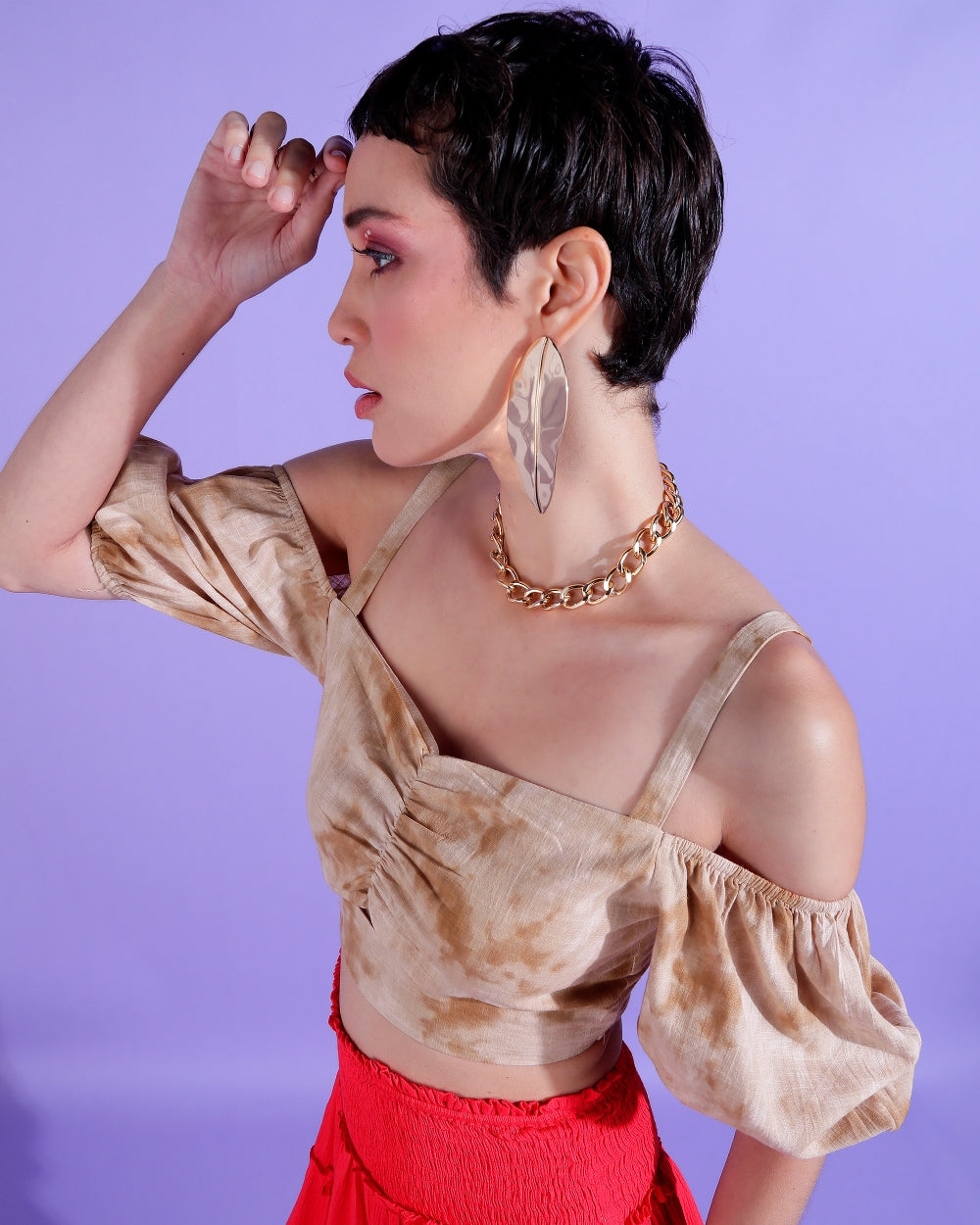 Casual Off Shoulder Sleeve Tie & Dye Women Beige Top