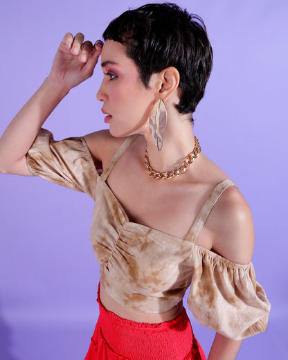 Casual Off Shoulder Sleeve Tie & Dye Women Beige Top