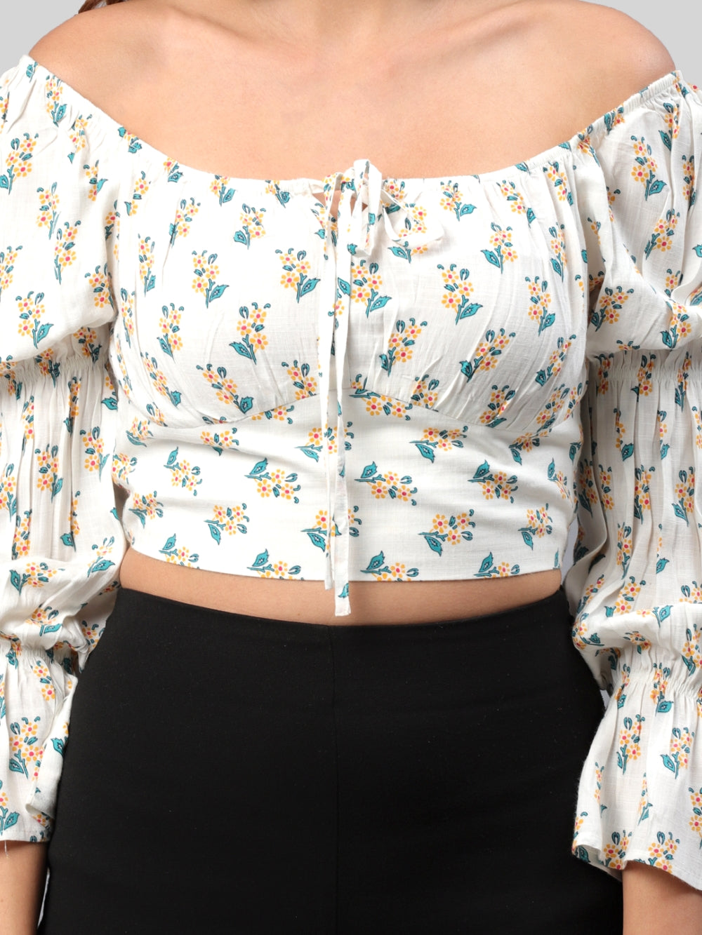 Casual Puff Sleeves Printed Women White Top
