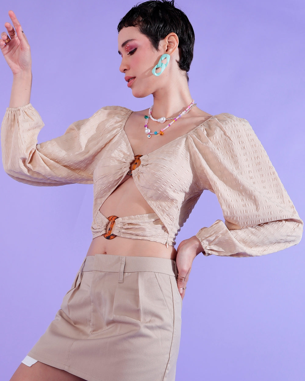 Casual Puff Sleeves Self Design Women Beige Top