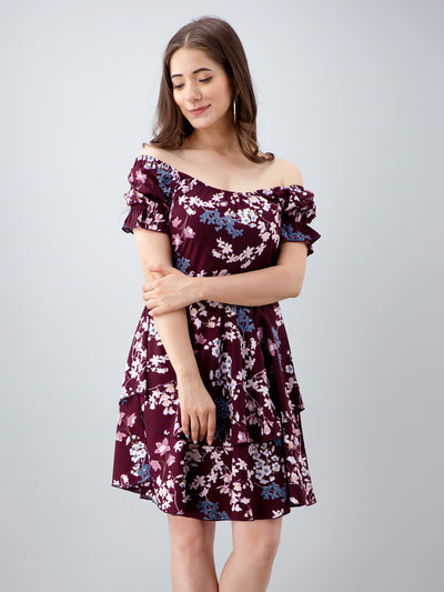 Women Layered Maroon Above Knee/Mid Thigh Length Dress