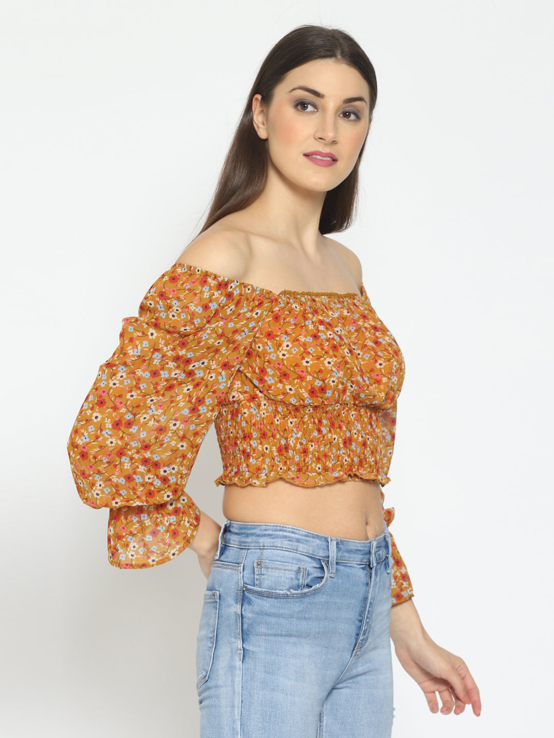 Casual Bell Sleeves Floral Print Women Yellow Top