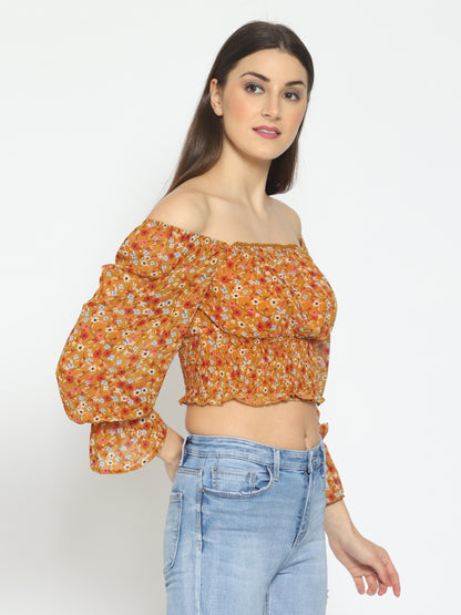 Casual Bell Sleeves Floral Print Women Yellow Top