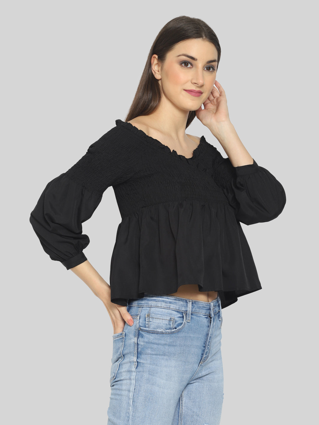 Casual Balloon Sleeve Solid Women Black Top