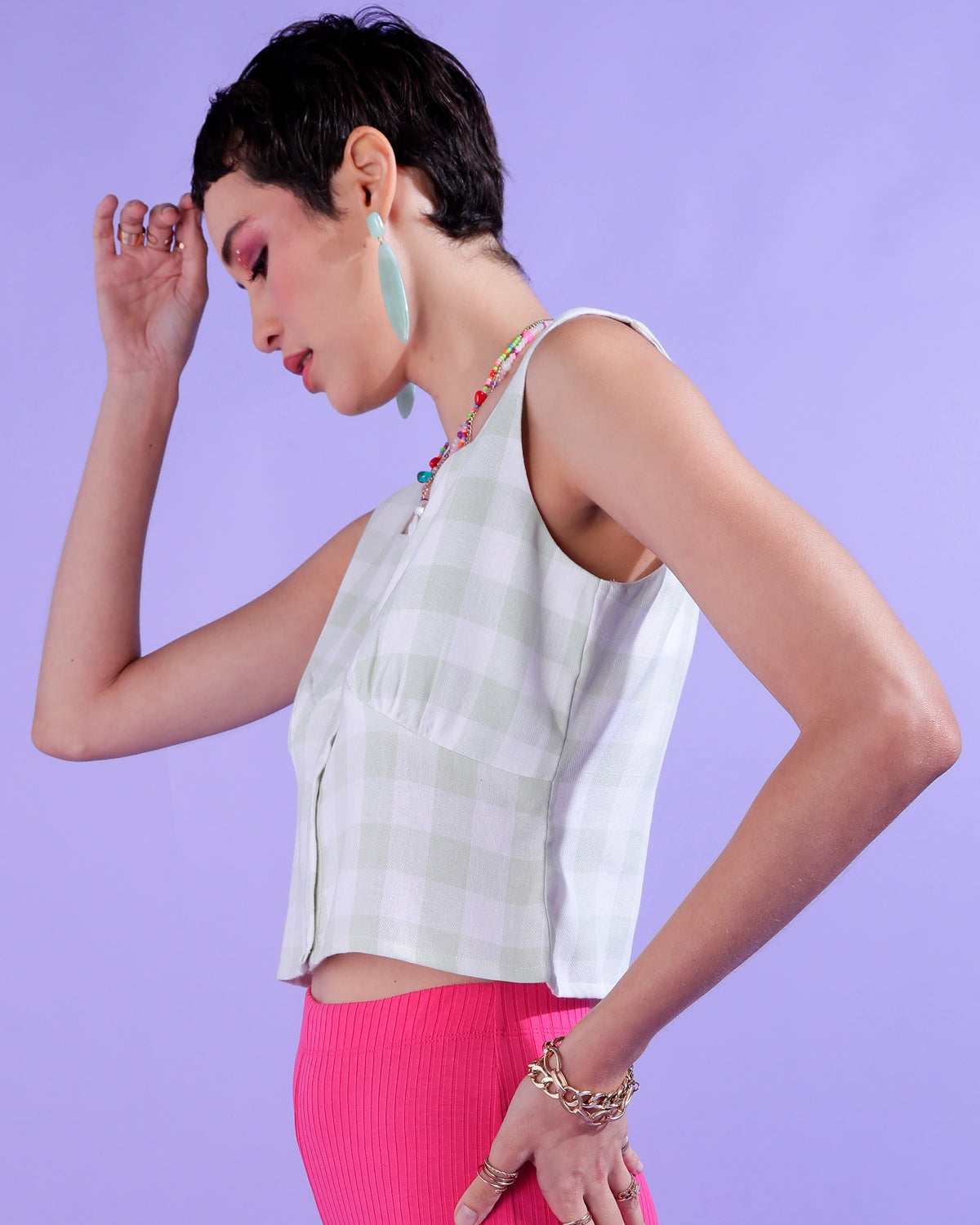 Casual Sleeveless Checkered Women White, Grey Top