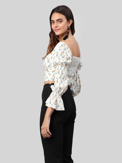 Casual Puff Sleeves Printed Women White Top