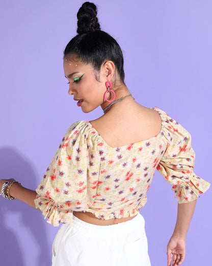 Casual Puff Sleeves Floral Print, Printed Women Multicolor Top