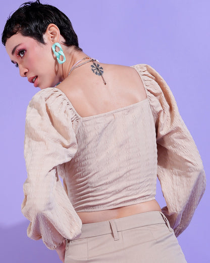 Casual Puff Sleeves Self Design Women Beige Top