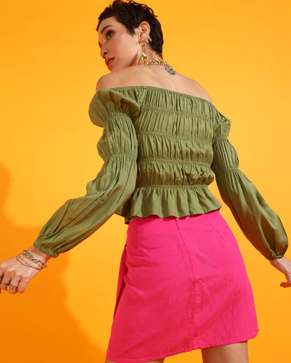Casual Puff Sleeves Solid Women Dark Green Top
