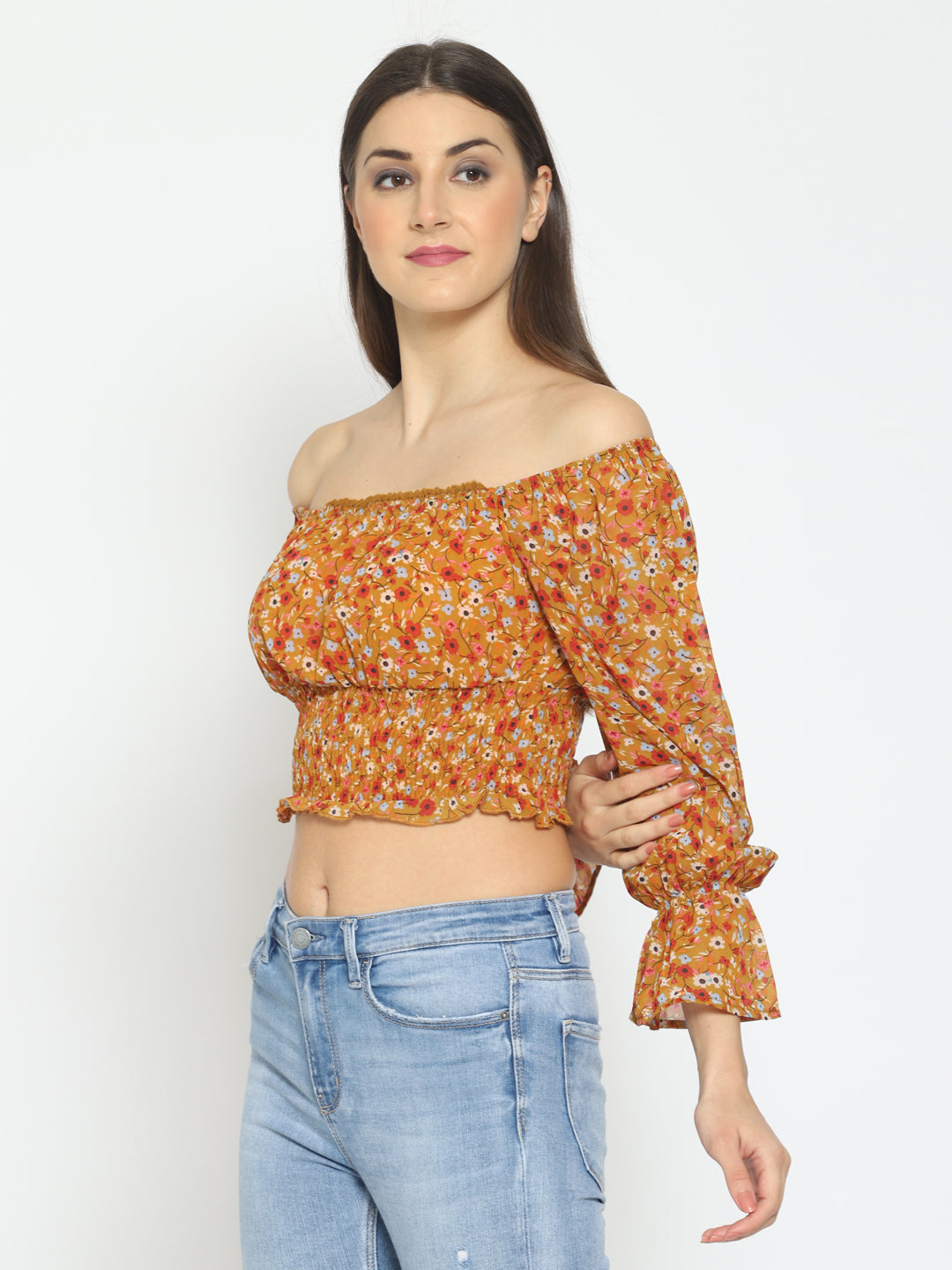 Casual Bell Sleeves Floral Print Women Yellow Top
