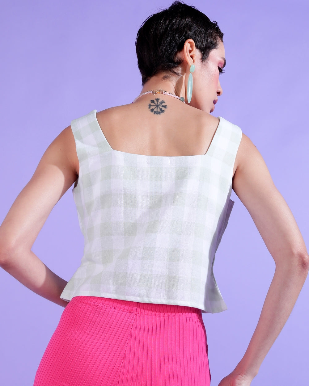 Casual Sleeveless Checkered Women White, Grey Top