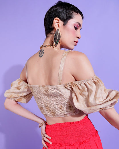 Casual Off Shoulder Sleeve Tie & Dye Women Beige Top