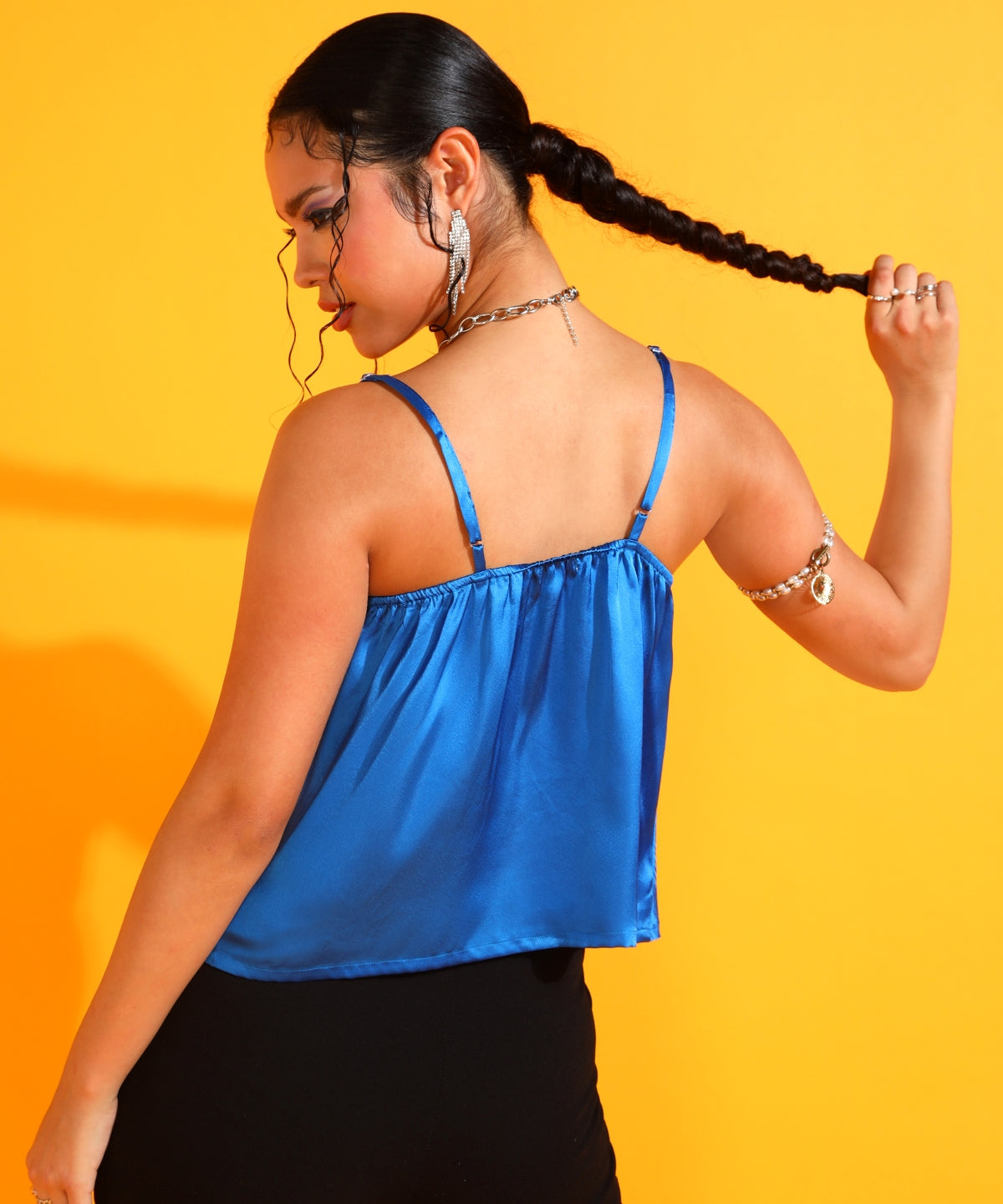 Party Shoulder Straps Solid Women Blue Top