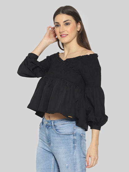 Casual Balloon Sleeve Solid Women Black Top