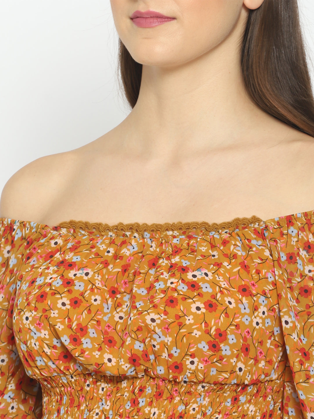 Casual Bell Sleeves Floral Print Women Yellow Top