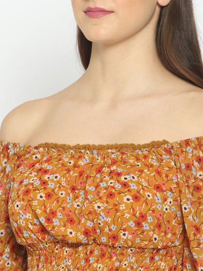 Casual Bell Sleeves Floral Print Women Yellow Top