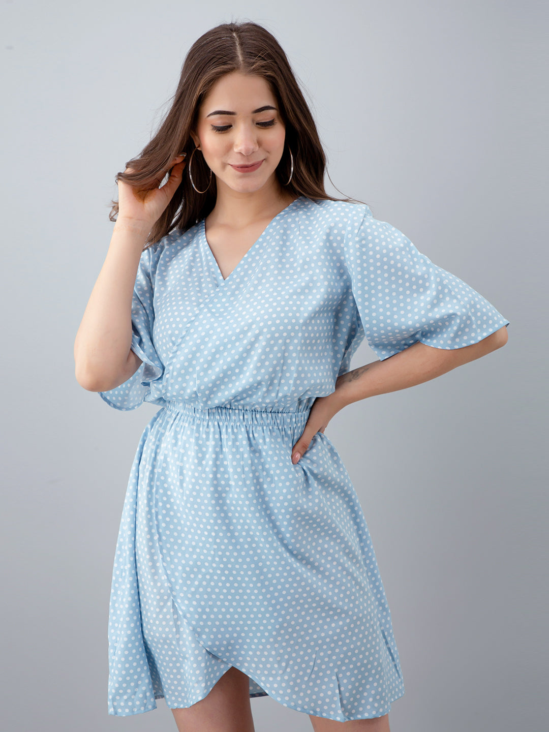 Women Tiered Light Blue Above Knee/Mid Thigh Length Dress