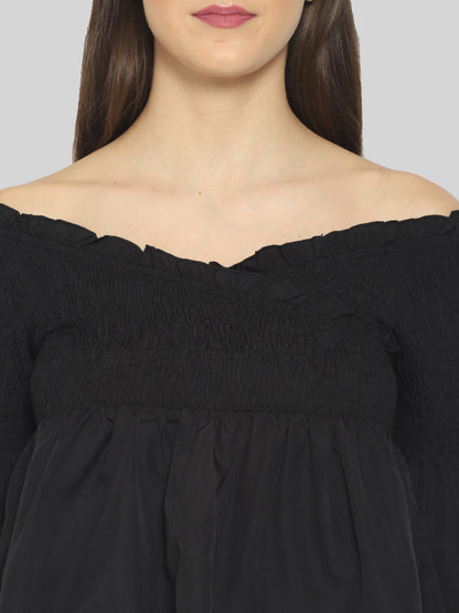 Casual Balloon Sleeve Solid Women Black Top