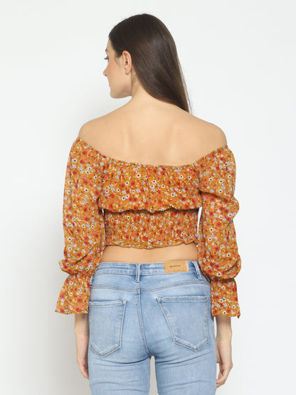 Casual Bell Sleeves Floral Print Women Yellow Top