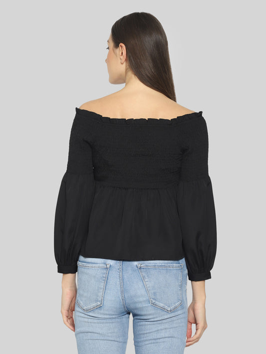 Casual Balloon Sleeve Solid Women Black Top
