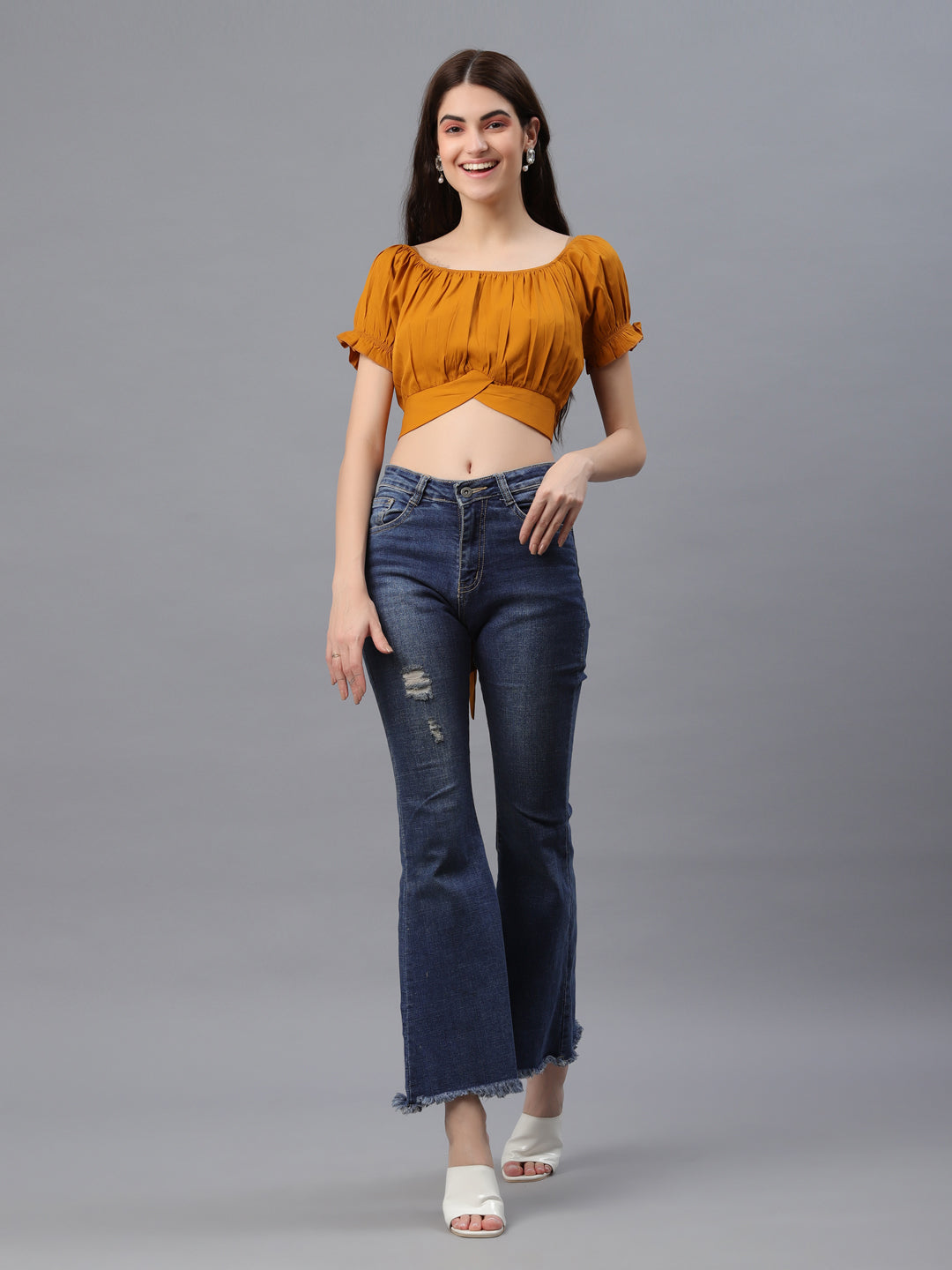 Casual Puff Sleeves Checkered Women Brown Top