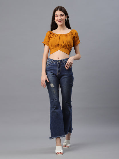 Casual Puff Sleeves Checkered Women Brown Top
